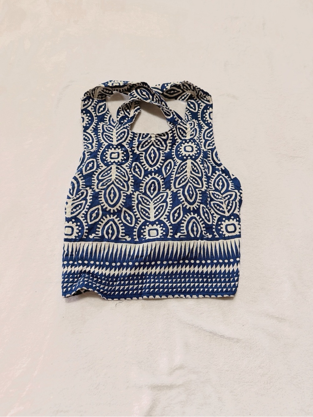 Rose & Olive Navy and Cream Printed Tie-Back Crop Top